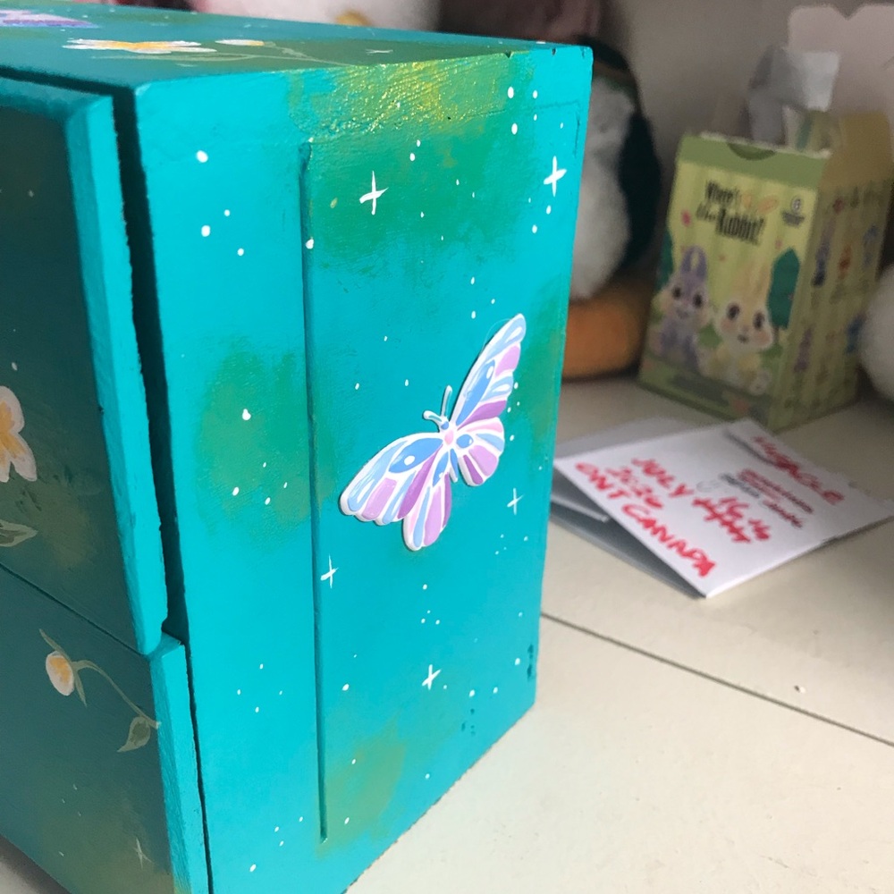Hand-Painted Teal Jewelry Box with Floral Accents - Picture 6 of 7